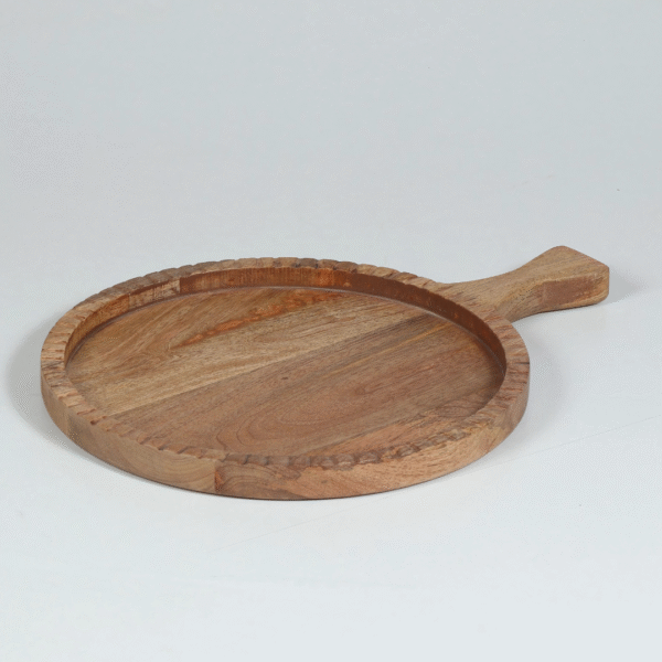3-piece round wooden serving platter set made of solid mango wood with natural brown finish – ideal for snacks, starters, and fruits.