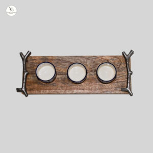 Wooden serving tray with 3 small wooden cups – rectangular mango wood platter for sauces, snacks, and dry fruits by Vilasita Gallery.