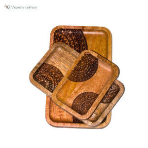 Three-piece wooden serving tray set in natural brown finish, handcrafted from mango wood – rectangular kitchen platter by Vilasita Gallery