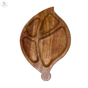 Wooden leaf shaped plate made from solid mango wood – natural brown finish – Vilasita Gallery