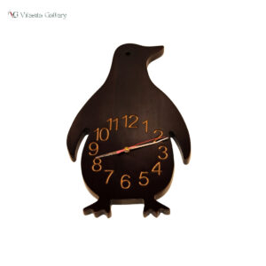 Medium wooden penguin-shaped wall clock, handcrafted solid acacia wood analog wall watch for home and living room décor.