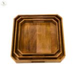 Wooden serving tray set of 3, rectangular solid mango wood trays with natural brown finish for kitchen and dining use.