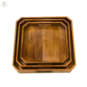 Wooden serving tray set of 3, rectangular solid mango wood trays with natural brown finish for kitchen and dining use.