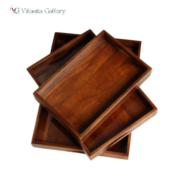 Rectangular wooden serving tray set of 3, handcrafted solid mango wood kitchen serving trays with natural brown finish.